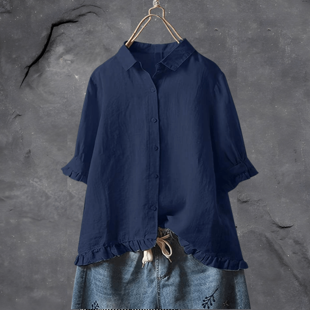 Monika Marineblau Rüschen-Saum Baumwoll-Leinen Bluse für Damen | Lockere Passform | Alltag & Freizeit - S-5XL