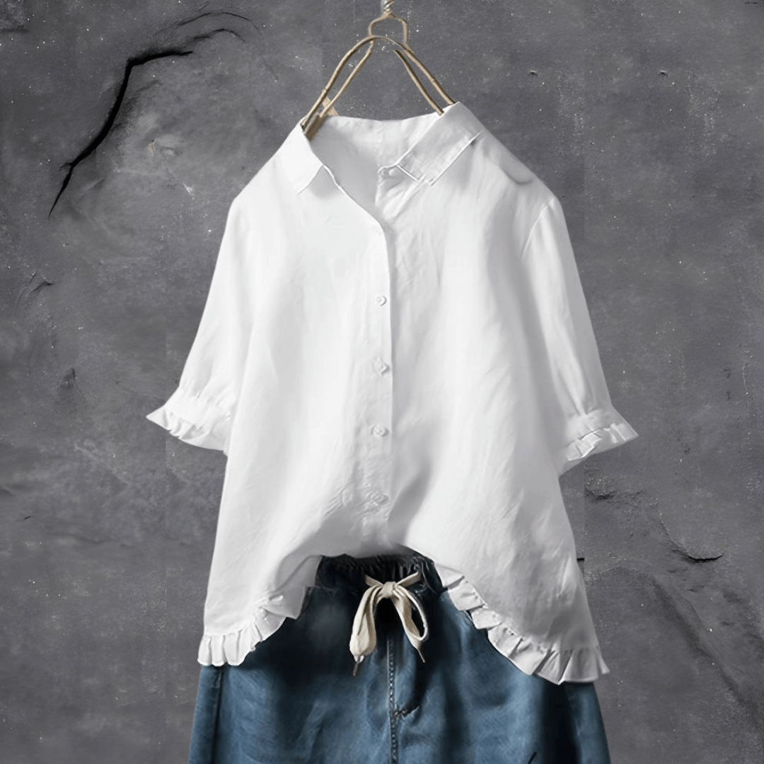 Monika Marineblau Rüschen-Saum Baumwoll-Leinen Bluse für Damen | Lockere Passform | Alltag & Freizeit - S-5XL