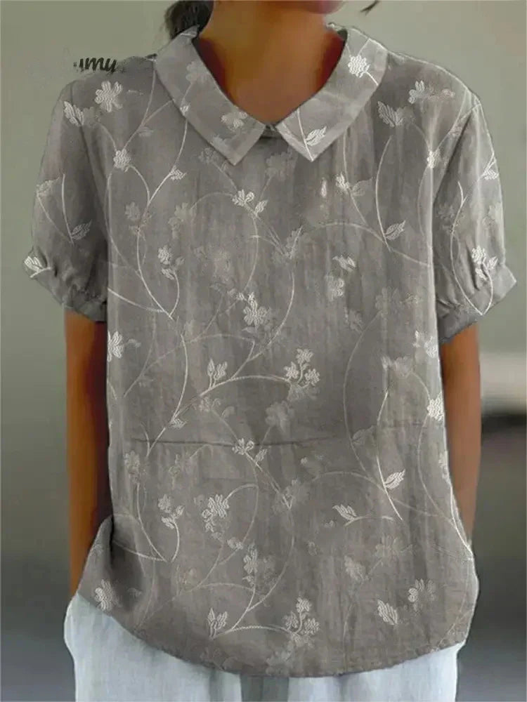 Monika Khaki Floral Leinen Bluse für Damen | Luftig Lässiger Stil | Sommerbluse - S/M/L/XL/2XL