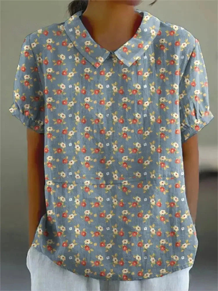 Monika Blau Blumendruck Bluse mit Peter-Pan-Kragen für Damen | Leichter Sommerstil | Alltag und Freizeit - S/M/L/XL/2XL