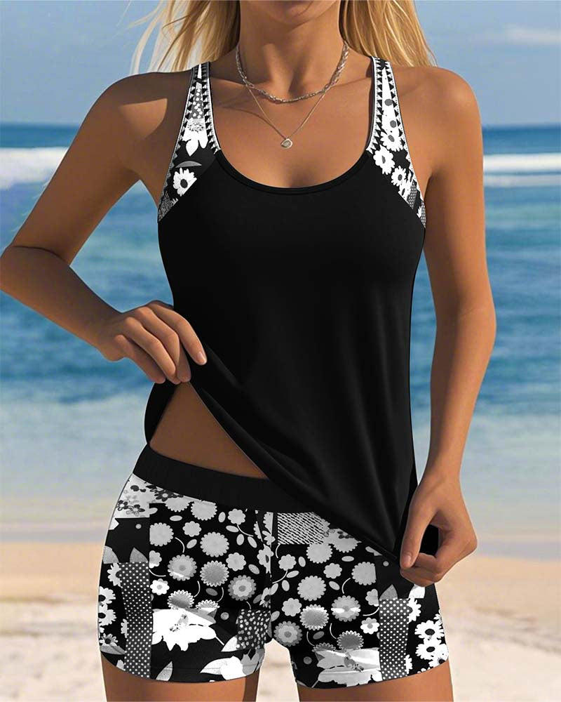 Vreni Lila Florales Tankini Set für Damen | Schnelltrocknend Sportlich - S/M/L/XL/2XL/3XL/4XL