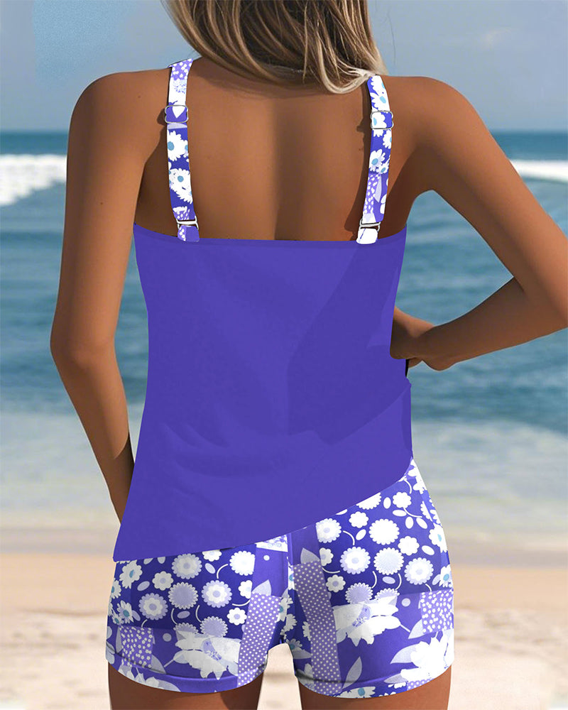 Vreni Lila Florales Tankini Set für Damen | Schnelltrocknend Sportlich - S/M/L/XL/2XL/3XL/4XL