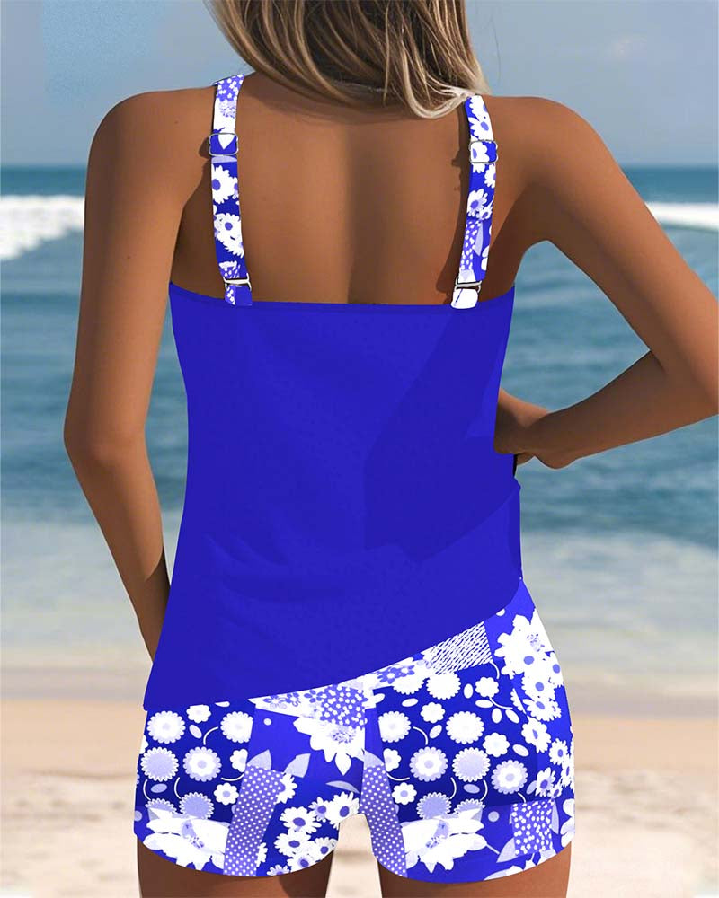 Hannelore Blau Zweiteiliges Tankini-Set für Damen | Leichter Racerback Schnitt | Strand und Pool | Florales Muster - S-3XL