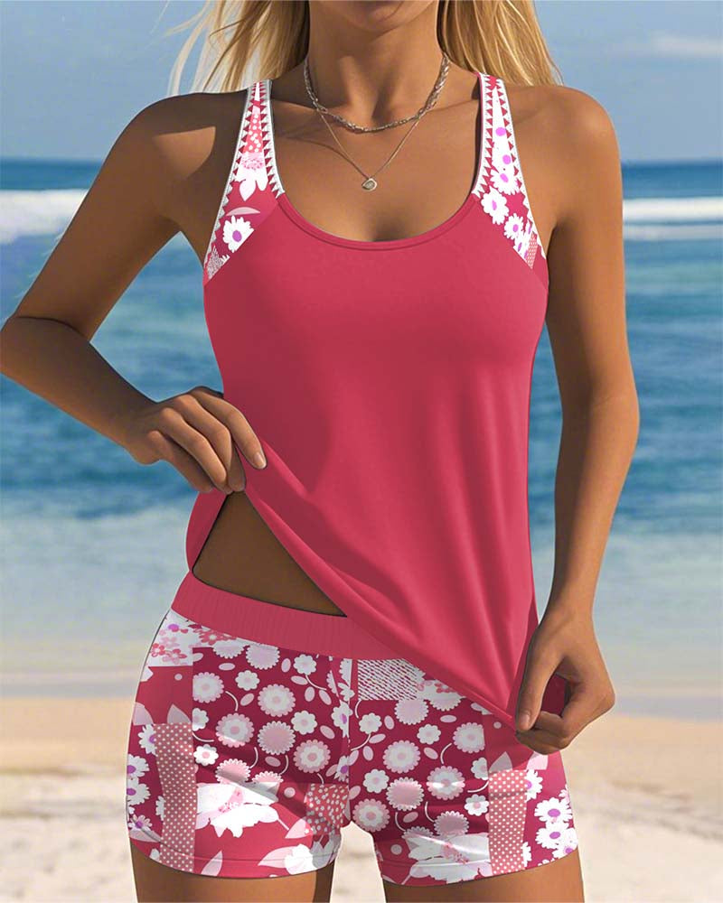 Hannelore Blau Zweiteiliges Tankini-Set für Damen | Leichter Racerback Schnitt | Strand und Pool | Florales Muster - S-3XL
