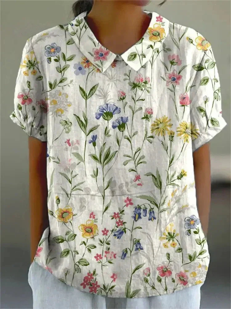 Monika Khaki Floral Peter-Pan-Kragen Bluse für Damen | Leichte Entspannte Passform | Alltag & Sommer - S/M/L/XL/2XL