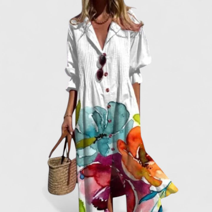 Susanne Weiss Geblümtes Maxi-Hemdblusenkleid für Damen | Leichtes Boho Sommerkleid | Floraler Print - S/M/L/XL/2XL/3XL