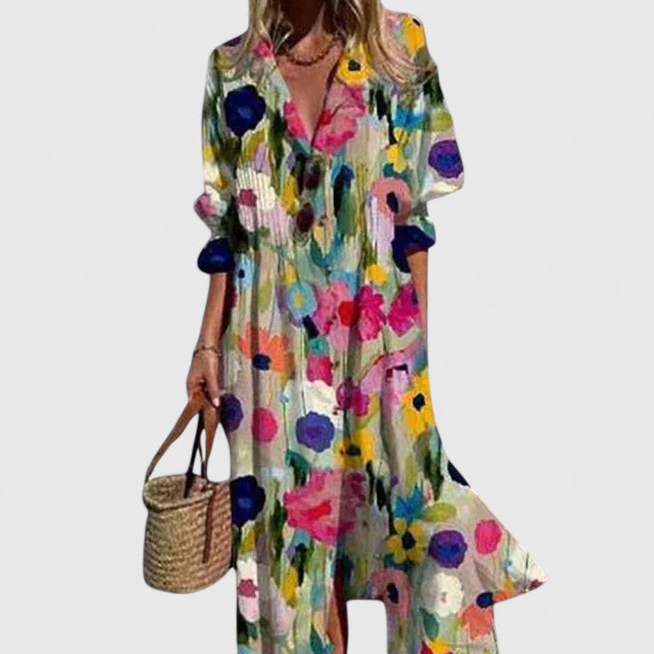 Susanne Weiss Geblümtes Maxi-Hemdblusenkleid für Damen | Leichtes Boho Sommerkleid | Floraler Print - S/M/L/XL/2XL/3XL