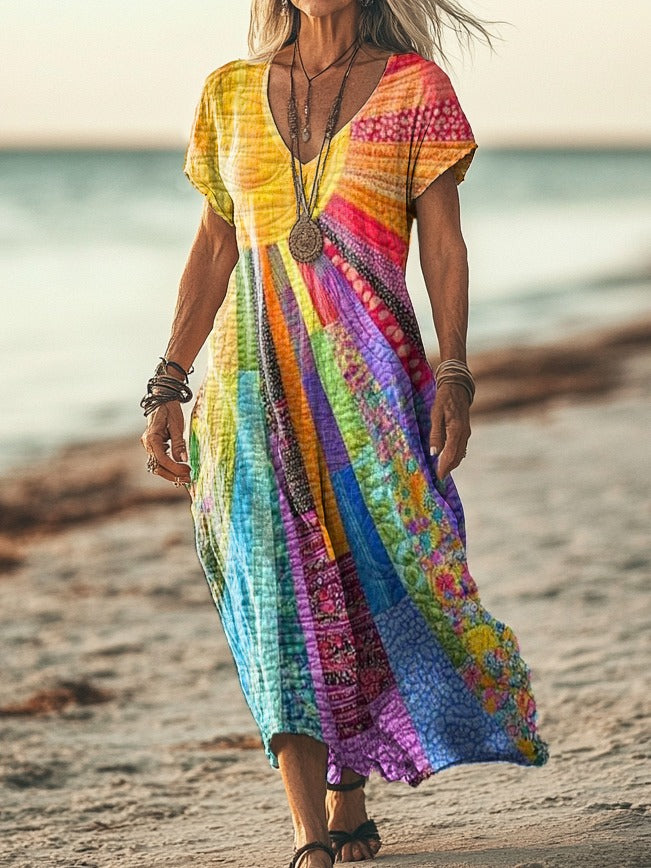 Rosemarie Mehrfarbig Boho Patchwork Maxikleid für Damen | Leicht Fliessend | Sommer & Urlaub - S-5XL