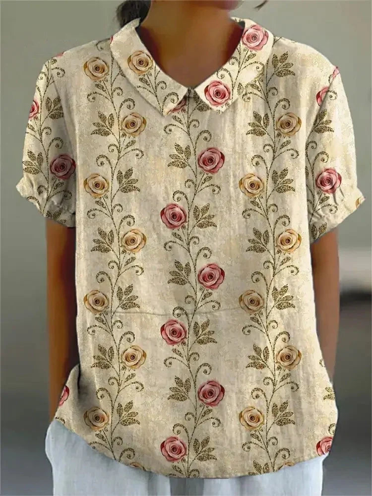 Monika Khaki Floral Peter-Pan-Kragen Bluse für Damen | Leichte Entspannte Passform | Alltag & Sommer - S/M/L/XL/2XL