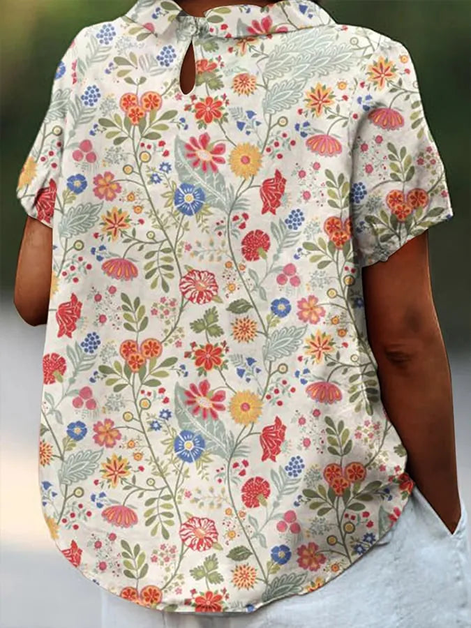 Monika Khaki Floral Leinen Bluse für Damen | Luftig Lässiger Stil | Sommerbluse - S/M/L/XL/2XL
