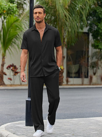 Dieter Schwarz Geripptes Kurzarm-Hemd-Set für Herren | Lockerer Casual-Look | Alltag und Urlaub - S/M/L/XL/2XL/3XL/4XL