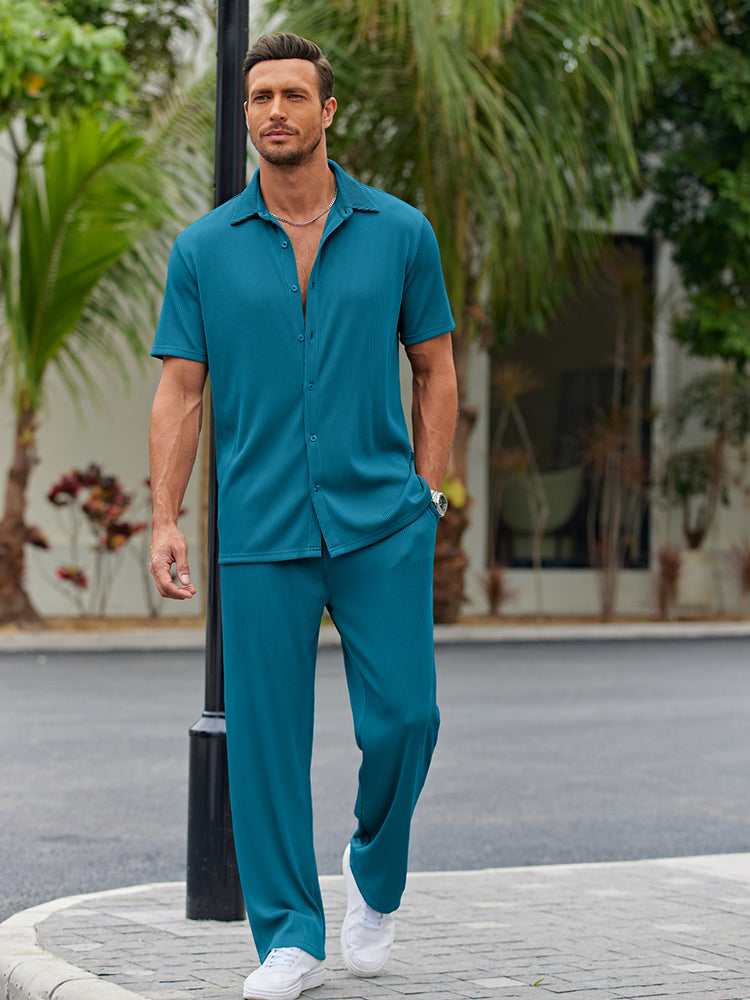 Dieter Schwarz Geripptes Kurzarm-Hemd-Set für Herren | Lockerer Casual-Look | Alltag und Urlaub - S/M/L/XL/2XL/3XL/4XL