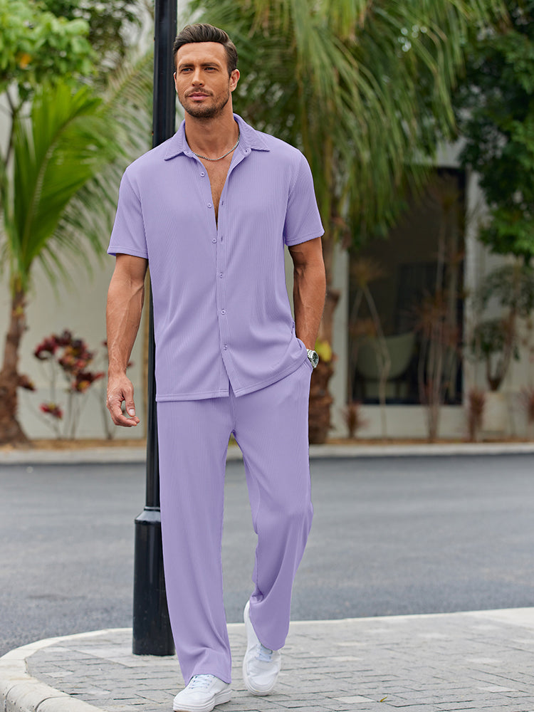 Dieter Schwarz Geripptes Kurzarm-Hemd-Set für Herren | Lockerer Casual-Look | Alltag und Urlaub - S/M/L/XL/2XL/3XL/4XL