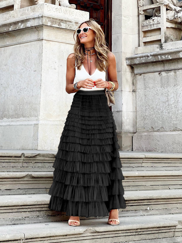 Amelie Damen Maxi-Rock | Mehrlagiger Volant- S-2XL