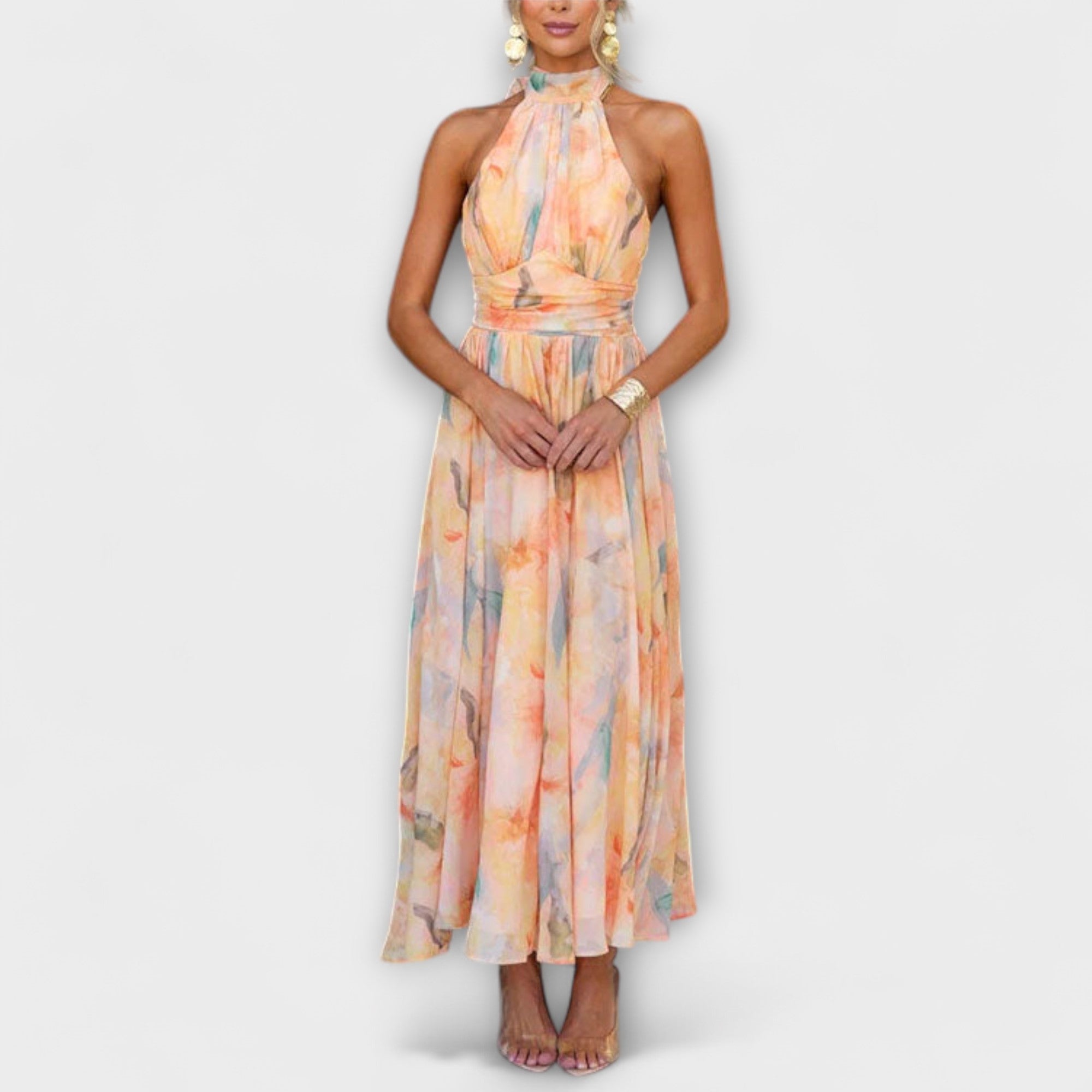 Aqua Damen Maxi Kleid | Fließende Silhouette, Aquarellmuster