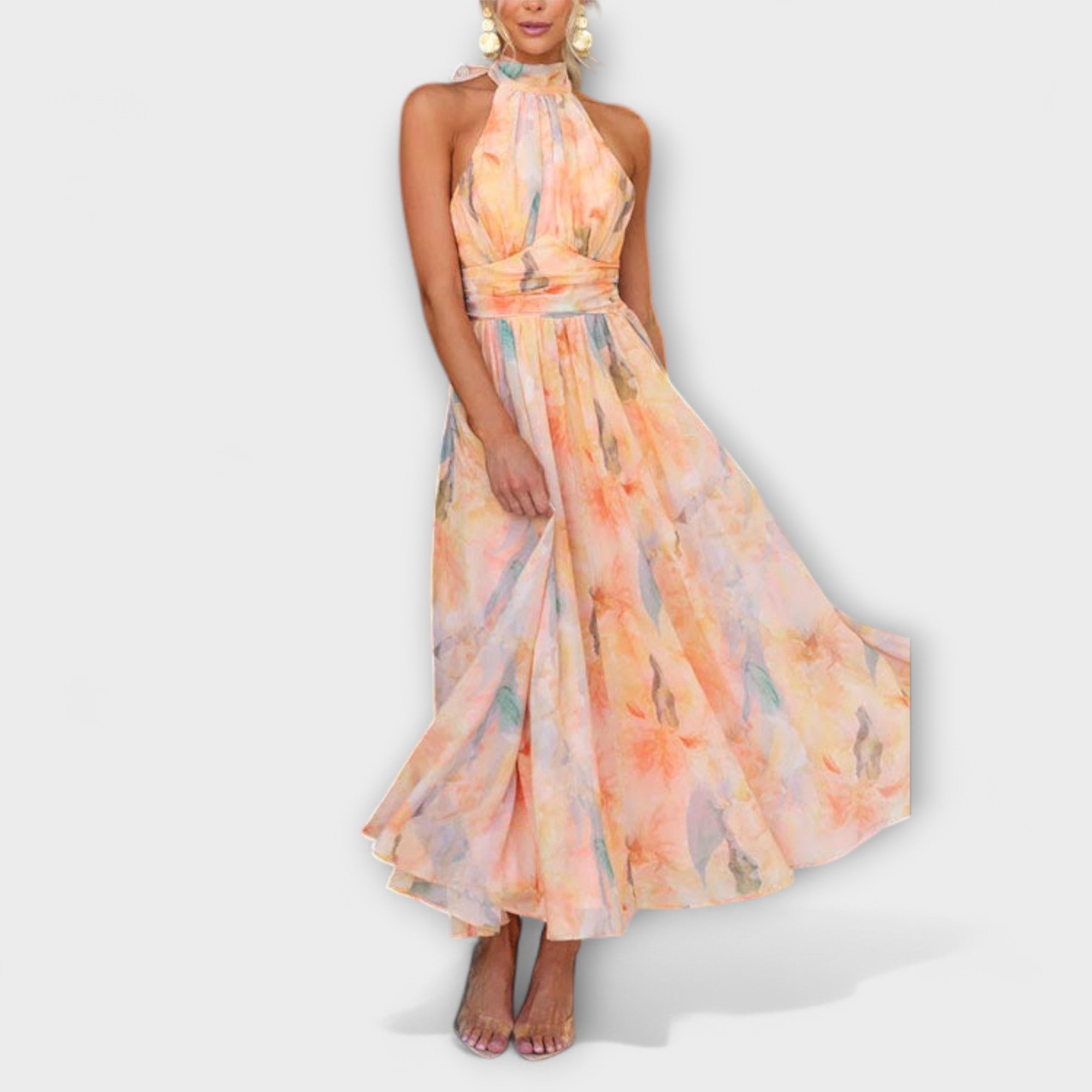 Aqua Damen Maxi Kleid | Fließende Silhouette, Aquarellmuster