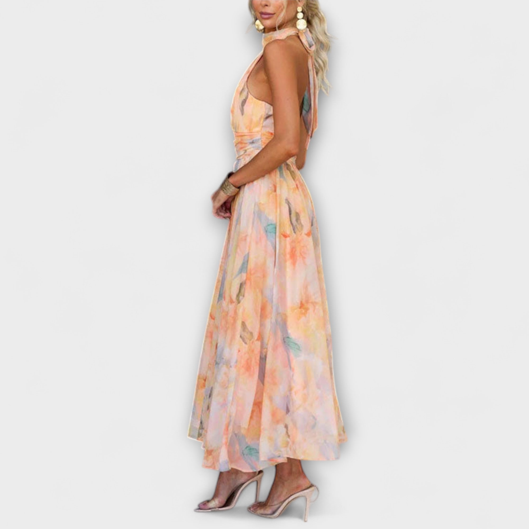 Aqua Damen Maxi Kleid | Fließende Silhouette, Aquarellmuster
