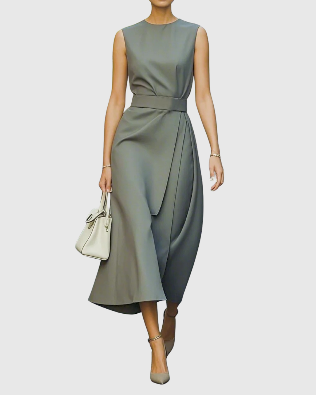 Ava Damen Midi Kleid | Taillendrapierung, Ärmellos- S-2XL