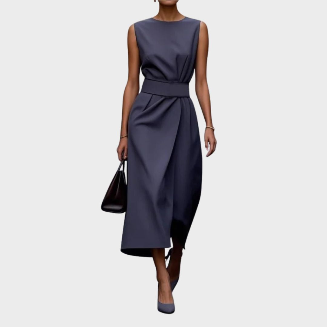 Ava Damen Midi Kleid | Taillendrapierung, Ärmellos- S-2XL