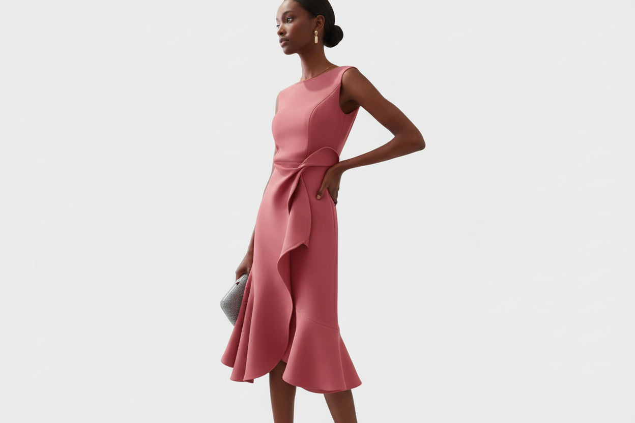 Ayla Damen Midikleid | Asymmetrisches Taillendetail, Ausgestellter Saum