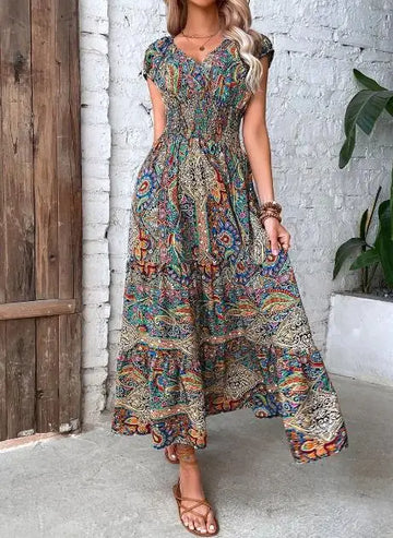 Elisabeth Multicolor Abstrakt V-Ausschnitt Hohe Taille Damen Maxikleid | Elegant Leicht Kurzarm Sommer Urlaubskleid | Fliessend - S-3XL