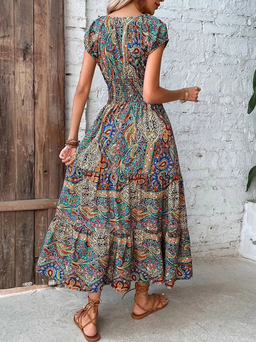 Elisabeth Multicolor Abstrakt V-Ausschnitt Hohe Taille Damen Maxikleid | Elegant Leicht Kurzarm Sommer Urlaubskleid | Fliessend - S-3XL