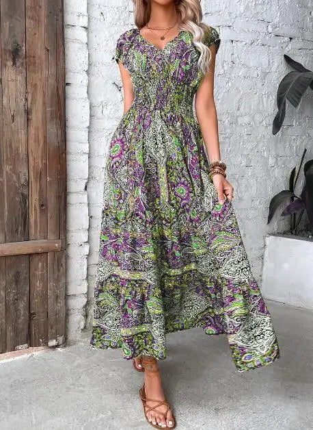 Elisabeth Multicolor Abstrakt V-Ausschnitt Hohe Taille Damen Maxikleid | Elegant Leicht Kurzarm Sommer Urlaubskleid | Fliessend - S-3XL
