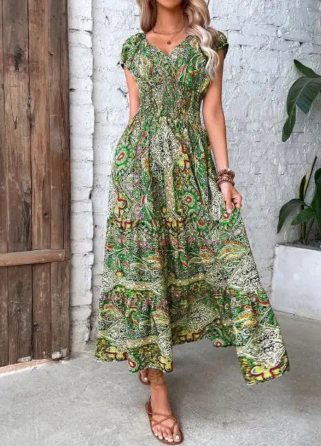 Elisabeth Multicolor Abstrakt V-Ausschnitt Hohe Taille Damen Maxikleid | Elegant Leicht Kurzarm Sommer Urlaubskleid | Fliessend - S-3XL