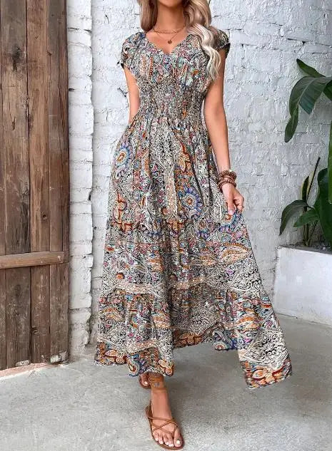 Elisabeth Multicolor Abstrakt V-Ausschnitt Hohe Taille Damen Maxikleid | Elegant Leicht Kurzarm Sommer Urlaubskleid | Fliessend - S-3XL