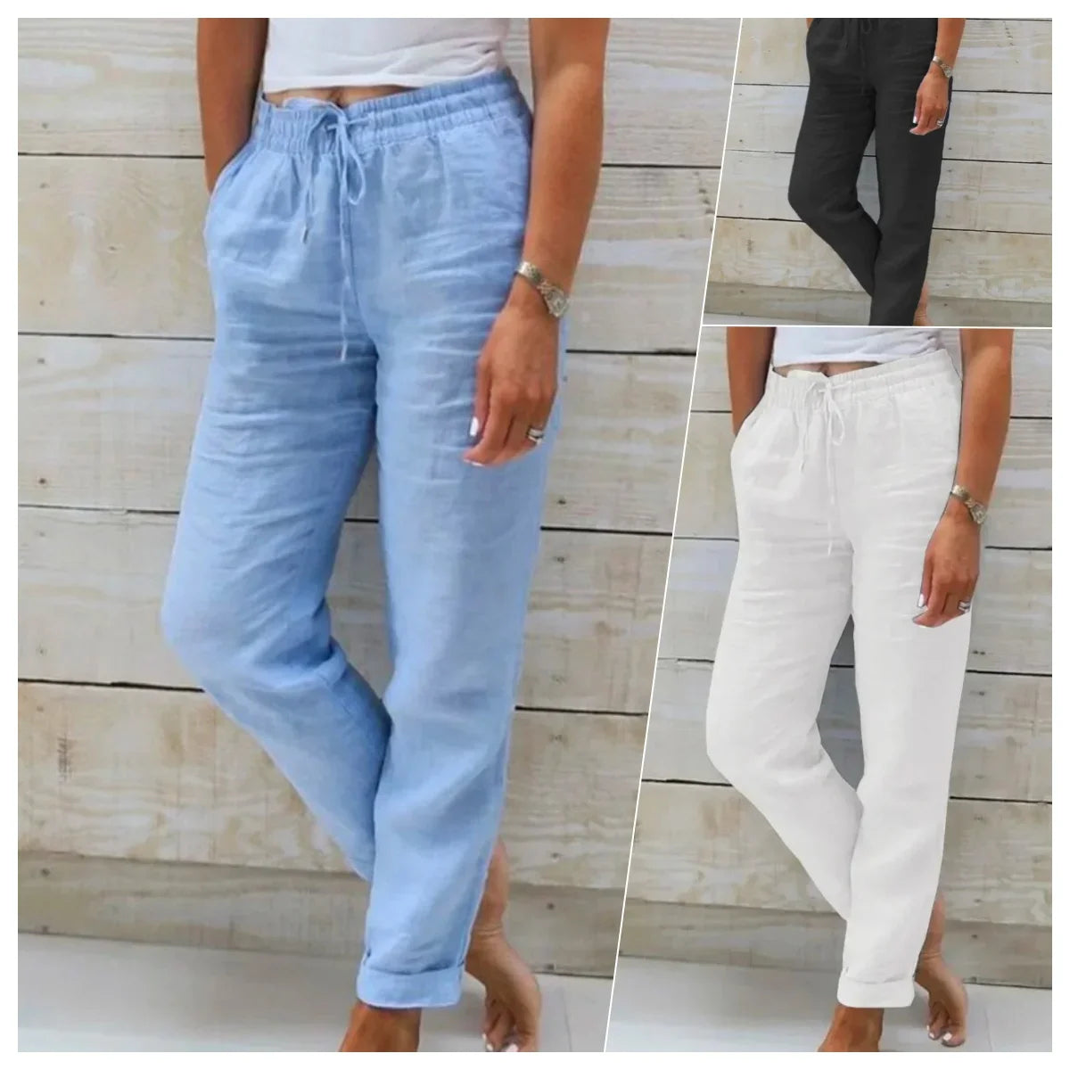 Vreni Weiss Leinen Baumwolle Sommerhose Damen | Hohe Taille Lässige Freizeithose Atmungsaktiv | Elastischer Bund - S/M/L/XL/2XL