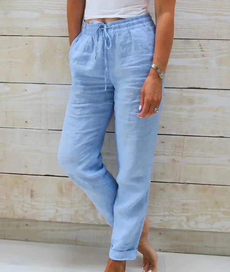 Vreni Weiss Leinen Baumwolle Sommerhose Damen | Hohe Taille Lässige Freizeithose Atmungsaktiv | Elastischer Bund - S/M/L/XL/2XL