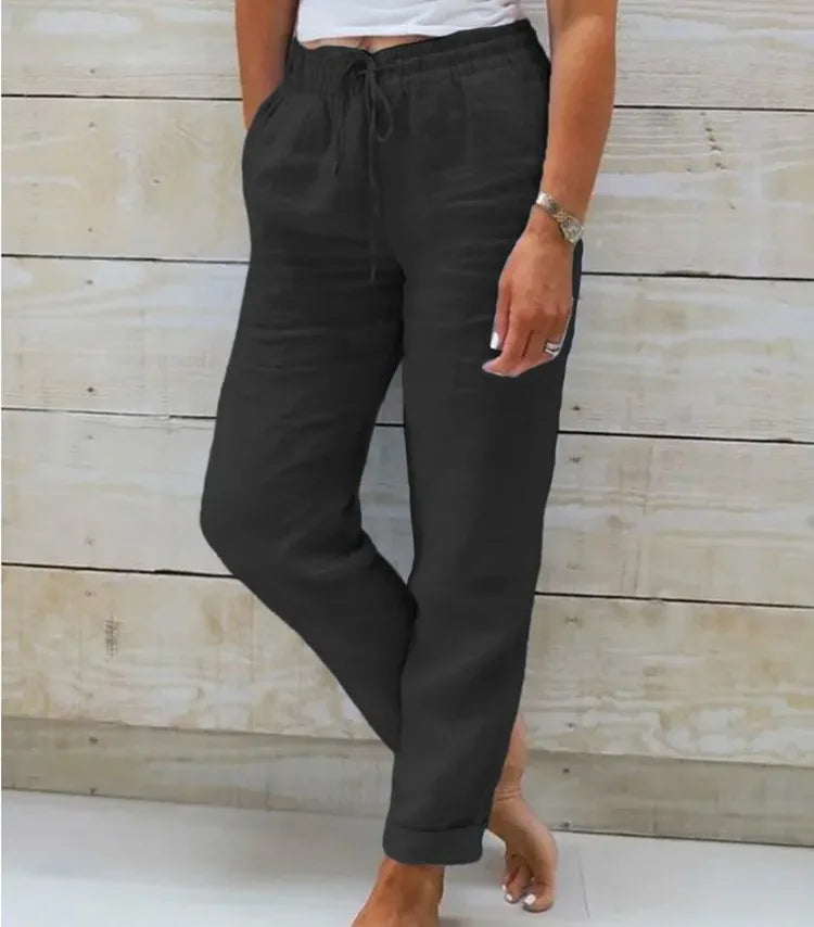 Vreni Weiss Leinen Baumwolle Sommerhose Damen | Hohe Taille Lässige Freizeithose Atmungsaktiv | Elastischer Bund - S/M/L/XL/2XL
