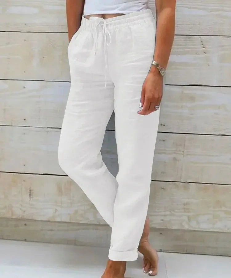 Vreni Weiss Leinen Baumwolle Sommerhose Damen | Hohe Taille Lässige Freizeithose Atmungsaktiv | Elastischer Bund - S/M/L/XL/2XL