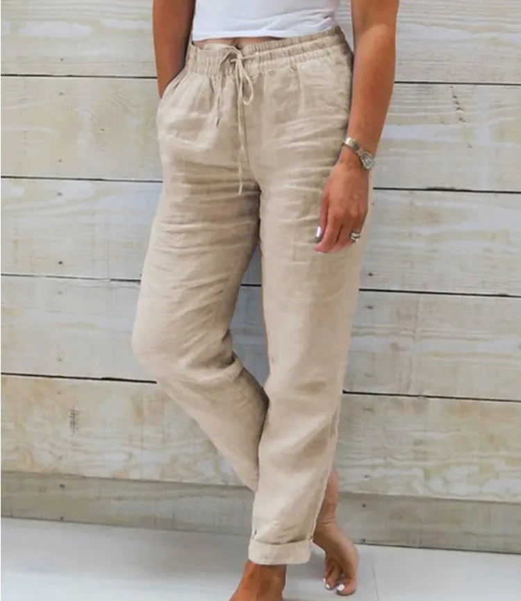 Vreni Weiss Leinen Baumwolle Sommerhose Damen | Hohe Taille Lässige Freizeithose Atmungsaktiv | Elastischer Bund - S/M/L/XL/2XL