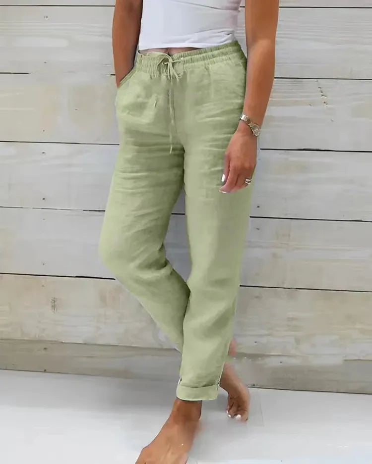Vreni Weiss Leinen Baumwolle Sommerhose Damen | Hohe Taille Lässige Freizeithose Atmungsaktiv | Elastischer Bund - S/M/L/XL/2XL