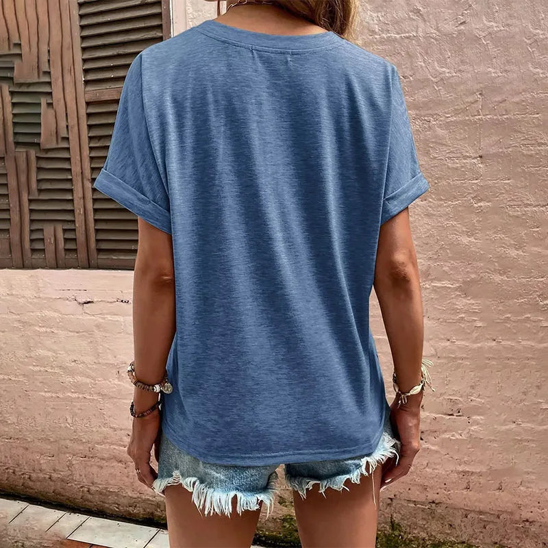 Vreni Blau V-Ausschnitt Kurzarm Damen T-Shirt | Locker Casual Sommer Oberteil mit Knopfleiste | Leichter Baumwollmix S-2XL