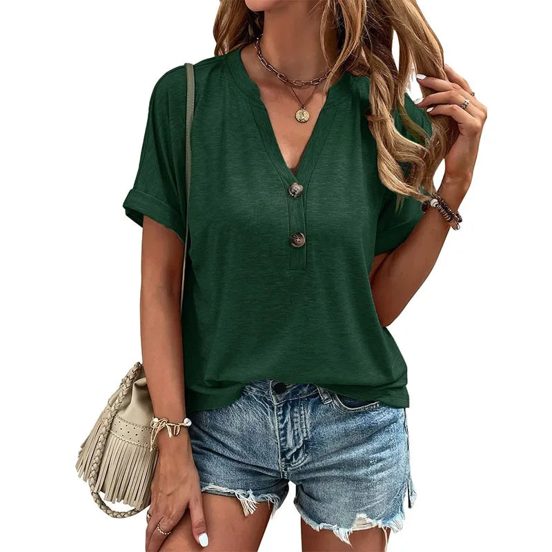 Vreni Blau V-Ausschnitt Kurzarm Damen T-Shirt | Locker Casual Sommer Oberteil mit Knopfleiste | Leichter Baumwollmix S-2XL