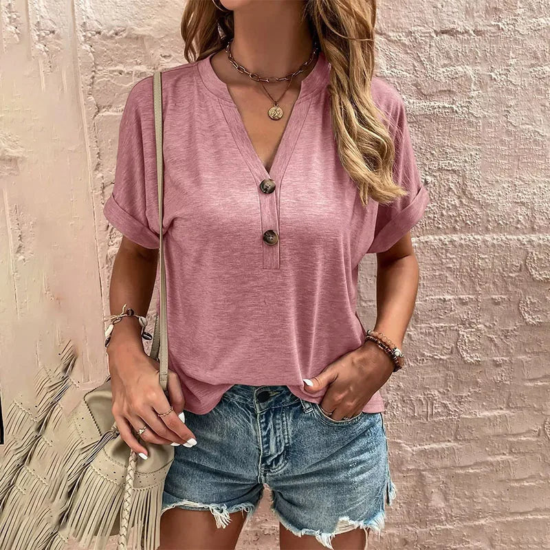 Vreni Blau V-Ausschnitt Kurzarm Damen T-Shirt | Locker Casual Sommer Oberteil mit Knopfleiste | Leichter Baumwollmix S-2XL