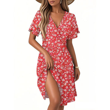 Heidi Mehrfarbig Vintage Blumen V-Ausschnitt Kurzarm Damen Kleid Polyester | Leicht Luftig Laessig Sommer Strand Urlaubskleid | Bequem - S/M/L/XL/XXL