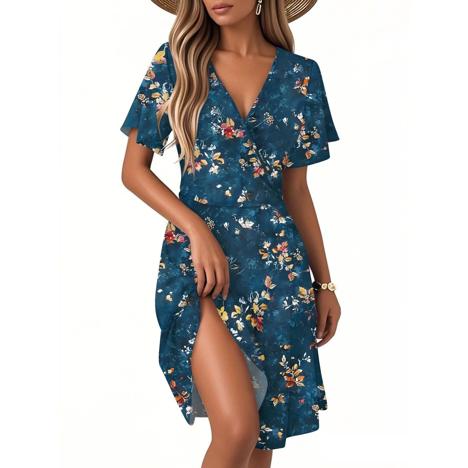 Heidi Mehrfarbig Vintage Blumen V-Ausschnitt Kurzarm Damen Kleid Polyester | Leicht Luftig Laessig Sommer Strand Urlaubskleid | Bequem - S/M/L/XL/XXL