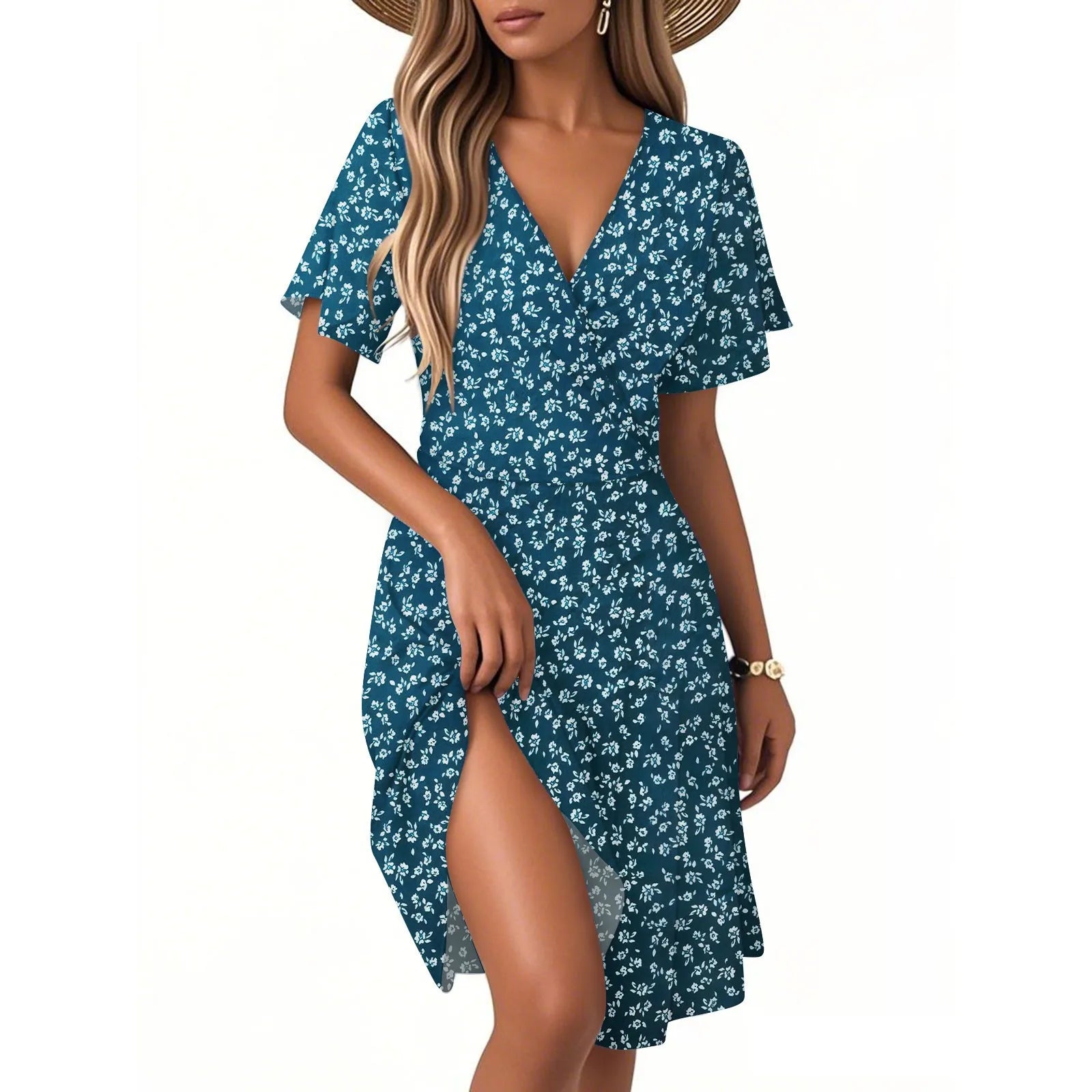 Heidi Mehrfarbig Vintage Blumen V-Ausschnitt Kurzarm Damen Kleid Polyester | Leicht Luftig Laessig Sommer Strand Urlaubskleid | Bequem - S/M/L/XL/XXL