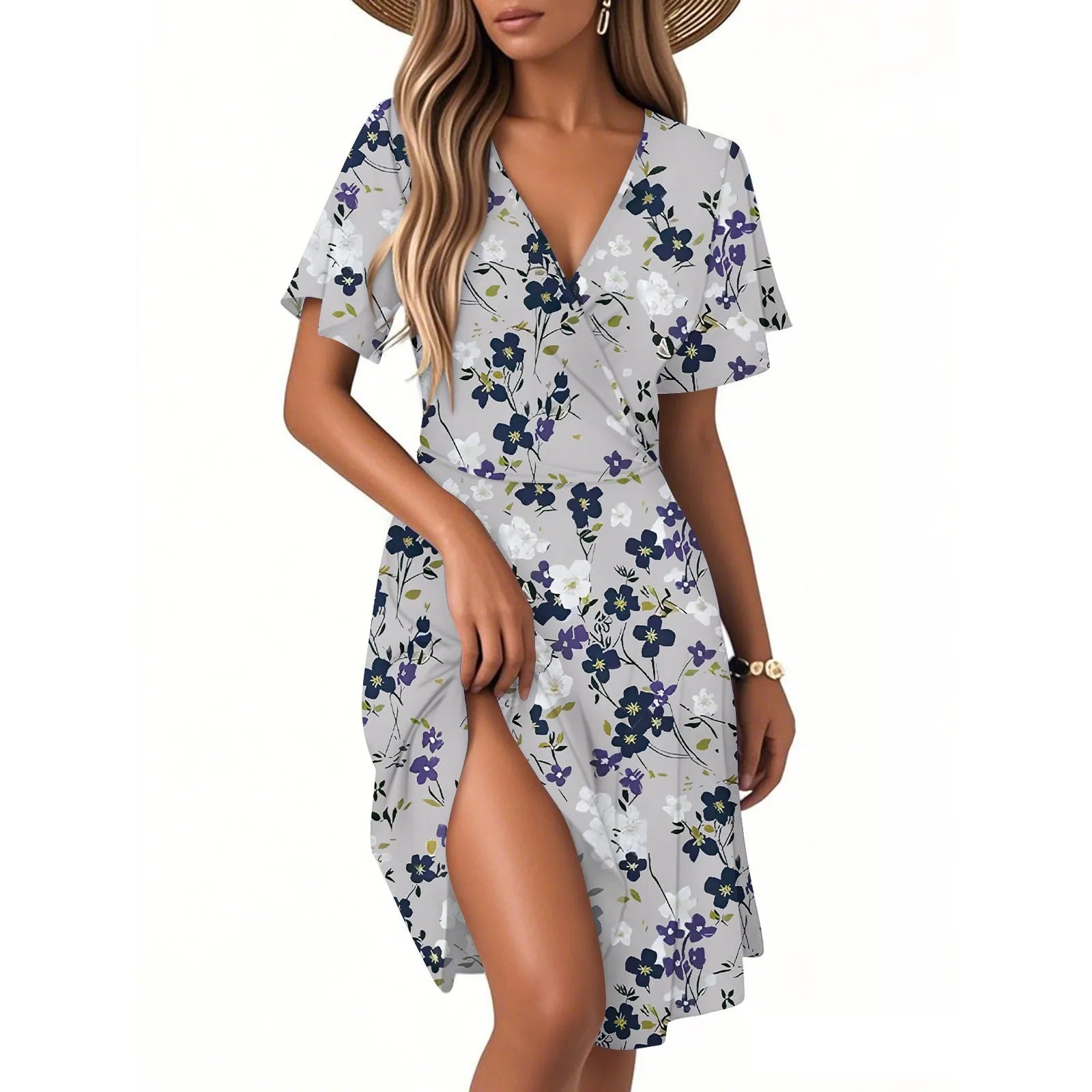 Heidi Mehrfarbig Vintage Blumen V-Ausschnitt Kurzarm Damen Kleid Polyester | Leicht Luftig Laessig Sommer Strand Urlaubskleid | Bequem - S/M/L/XL/XXL