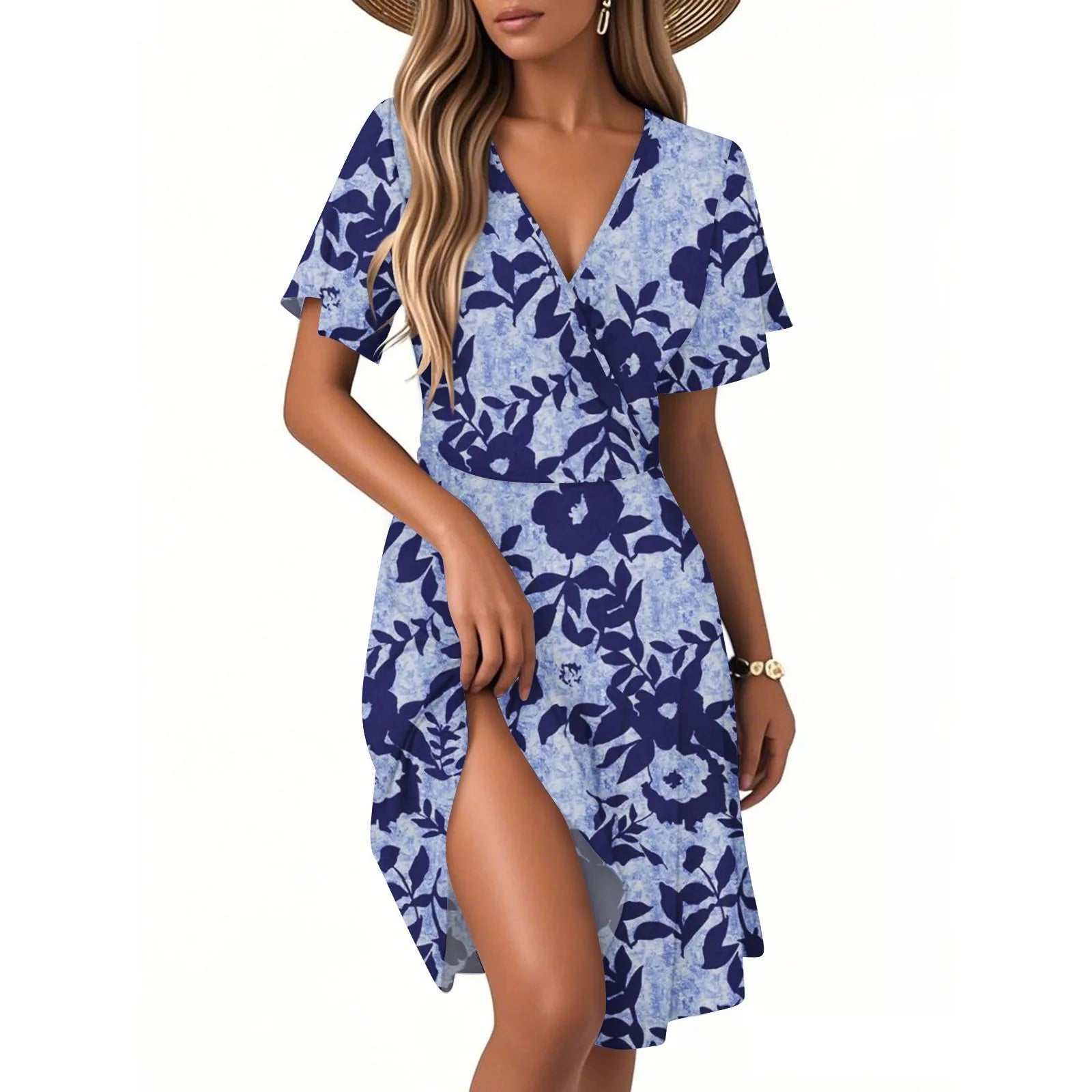 Heidi Mehrfarbig Vintage Blumen V-Ausschnitt Kurzarm Damen Kleid Polyester | Leicht Luftig Laessig Sommer Strand Urlaubskleid | Bequem - S/M/L/XL/XXL