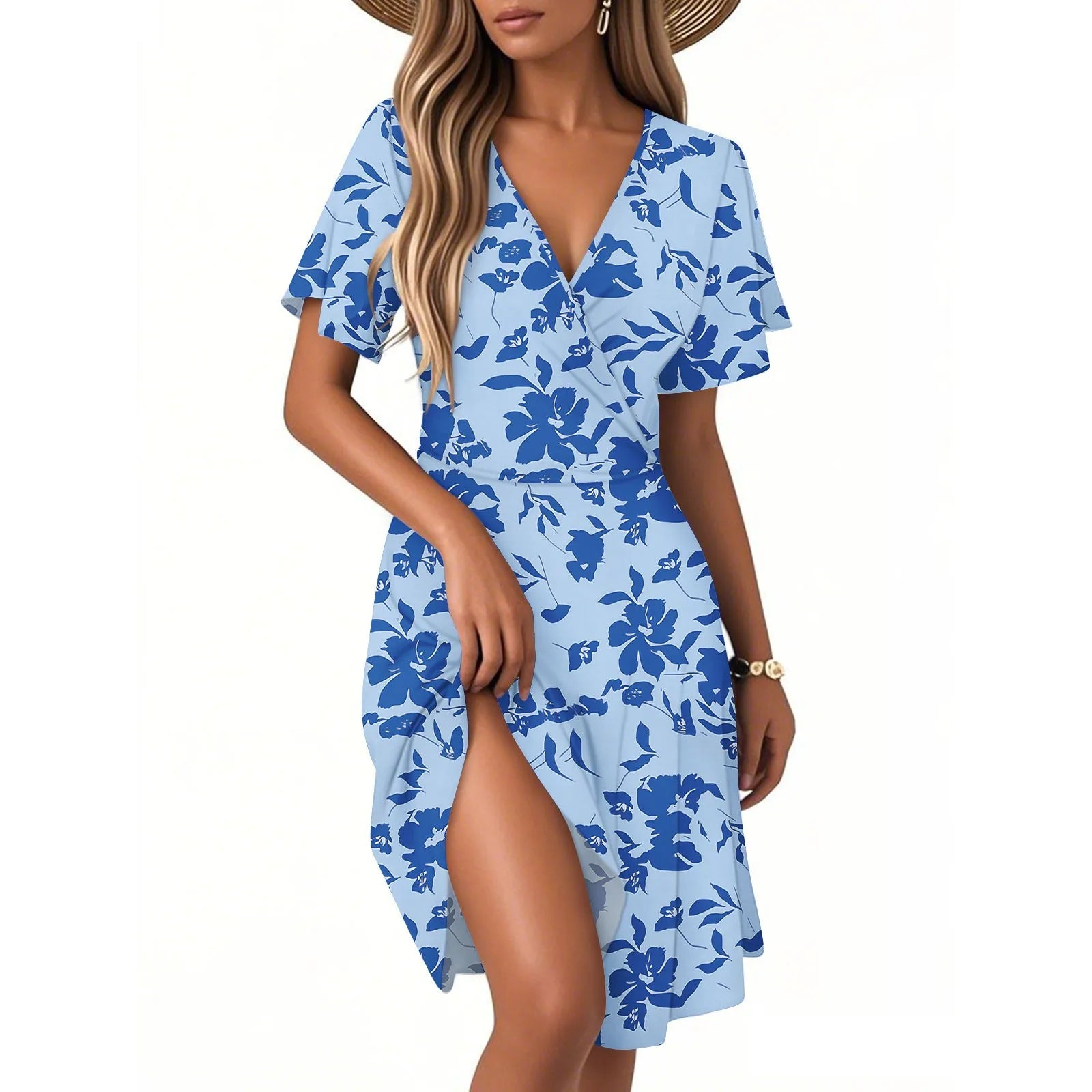Heidi Mehrfarbig Vintage Blumen V-Ausschnitt Kurzarm Damen Kleid Polyester | Leicht Luftig Laessig Sommer Strand Urlaubskleid | Bequem - S/M/L/XL/XXL