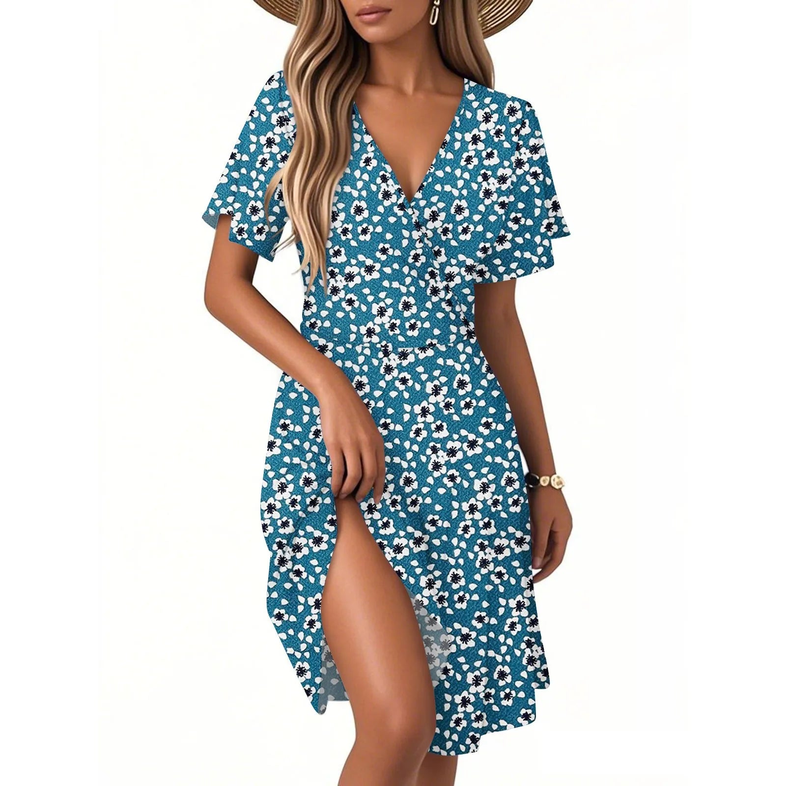 Heidi Mehrfarbig Vintage Blumen V-Ausschnitt Kurzarm Damen Kleid Polyester | Leicht Luftig Laessig Sommer Strand Urlaubskleid | Bequem - S/M/L/XL/XXL