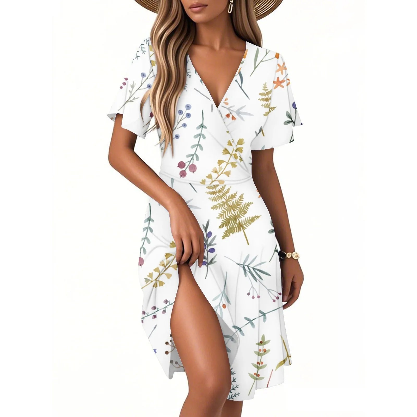 Heidi Mehrfarbig Vintage Blumen V-Ausschnitt Kurzarm Damen Kleid Polyester | Leicht Luftig Laessig Sommer Strand Urlaubskleid | Bequem - S/M/L/XL/XXL