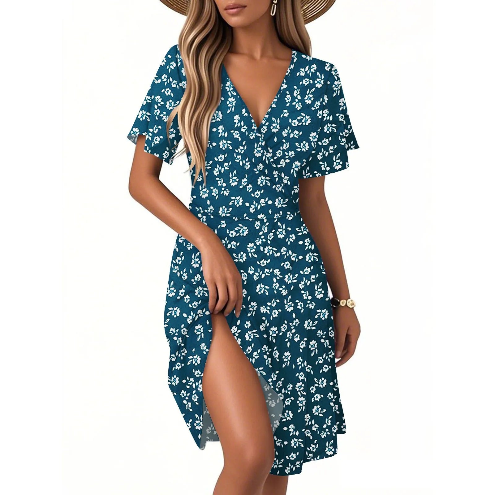 Heidi Mehrfarbig Vintage Blumen V-Ausschnitt Kurzarm Damen Kleid Polyester | Leicht Luftig Laessig Sommer Strand Urlaubskleid | Bequem - S/M/L/XL/XXL
