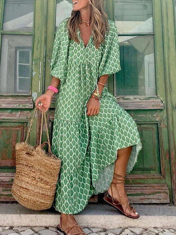 Ursula Himmelblau Boho Print Damen Sommerkleid Kurzarm | Leicht Luftig Locker Strand Freizeit Kleid | Fliessend Bequem - S/M/L/XL