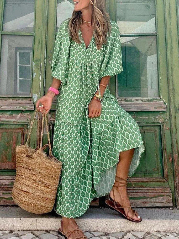 Ursula Himmelblau Boho Print Damen Sommerkleid Kurzarm | Leicht Luftig Locker Strand Freizeit Kleid | Fliessend Bequem - S/M/L/XL