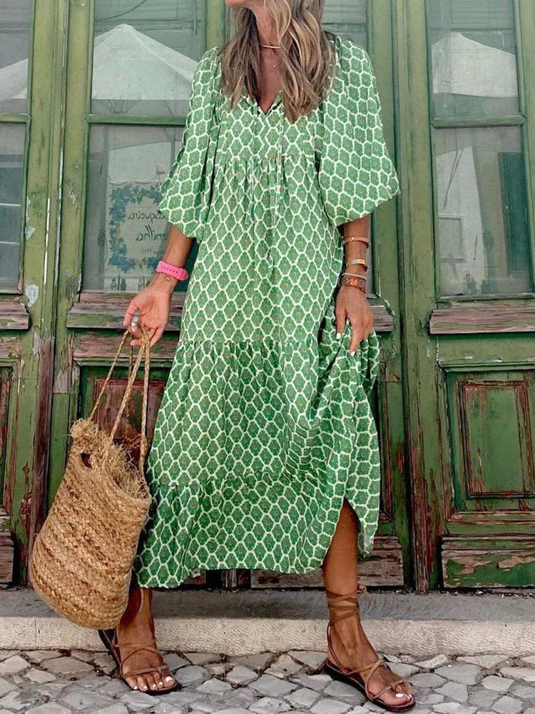 Ursula Himmelblau Boho Print Damen Sommerkleid Kurzarm | Leicht Luftig Locker Strand Freizeit Kleid | Fliessend Bequem - S/M/L/XL